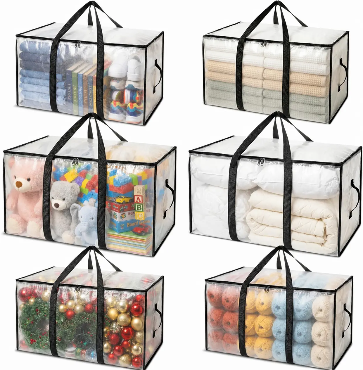 UNIQDESIGN 6 Pack Clear Space Saver Storage Bags, Extra Large Heavy Duty Moving Tote Organizers with Zipper & Handles for Dorm Room, Camping Organization, Organizers With Handles Plastic Travel Friendly packing cubes