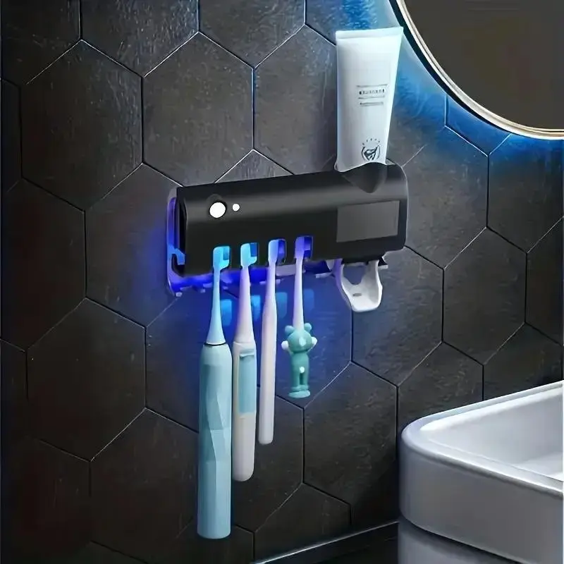 Wall-Mounted Toothbrush Holder with UV Sanitizer and Toothpaste Dispenser, Bathroom Storage Rack