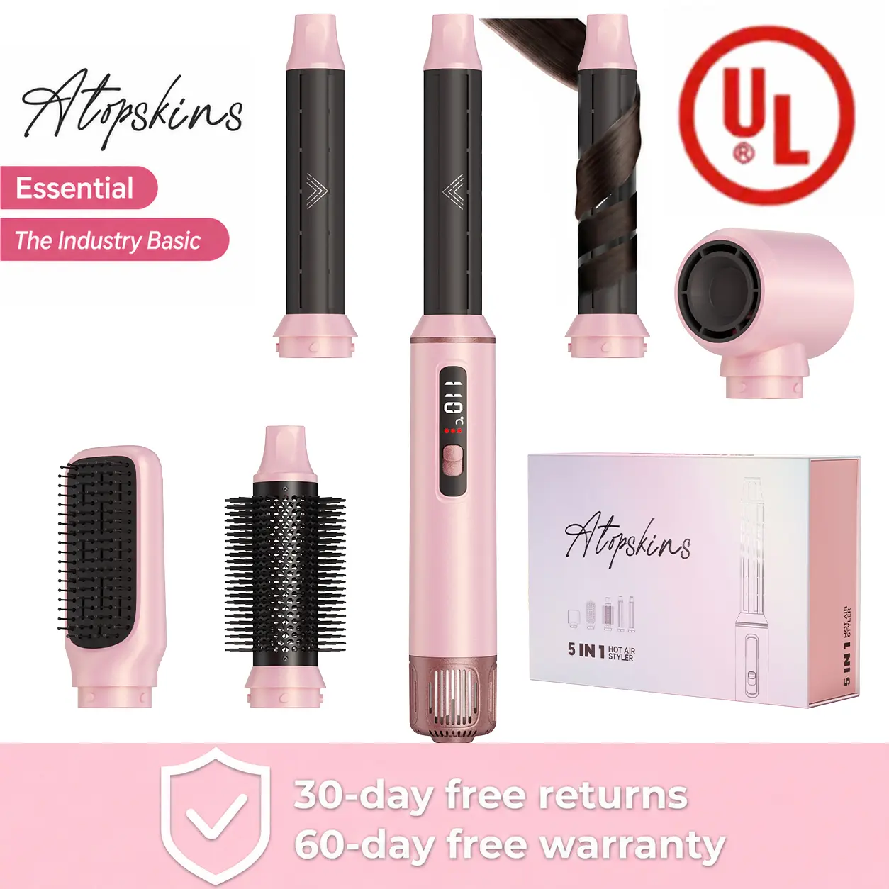 ATOPSKINS 5-in-1 LiteStyle Ultra-Lightweight Hot Air Brush Hair Styling Tool - Portable, Low-Speed, Heatless Design, Handle Attachment, High-Temp Plastic Parts, 30-Day Warranty - Beauty Product for Coarse & Thick Hair heatless curl