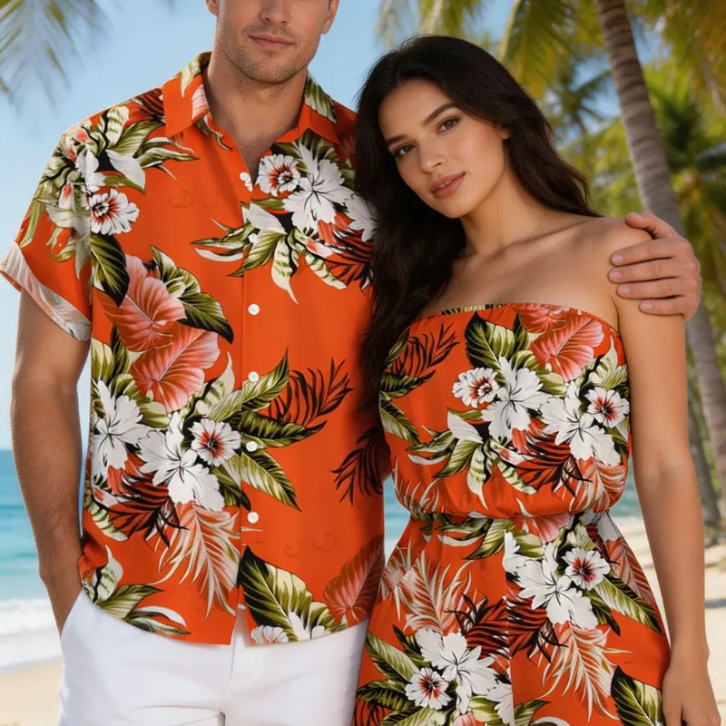 Beach Vacation Couple Matching Set Tropical Floral Palm Leaf Print Off Shoulder Romper & Button Down Shirt Set with Pocket, Summer Resort Holiday Outfit, Lightweight Breathable Beachwear Coordinated Couple Outfit, Casual Vacation Wear
