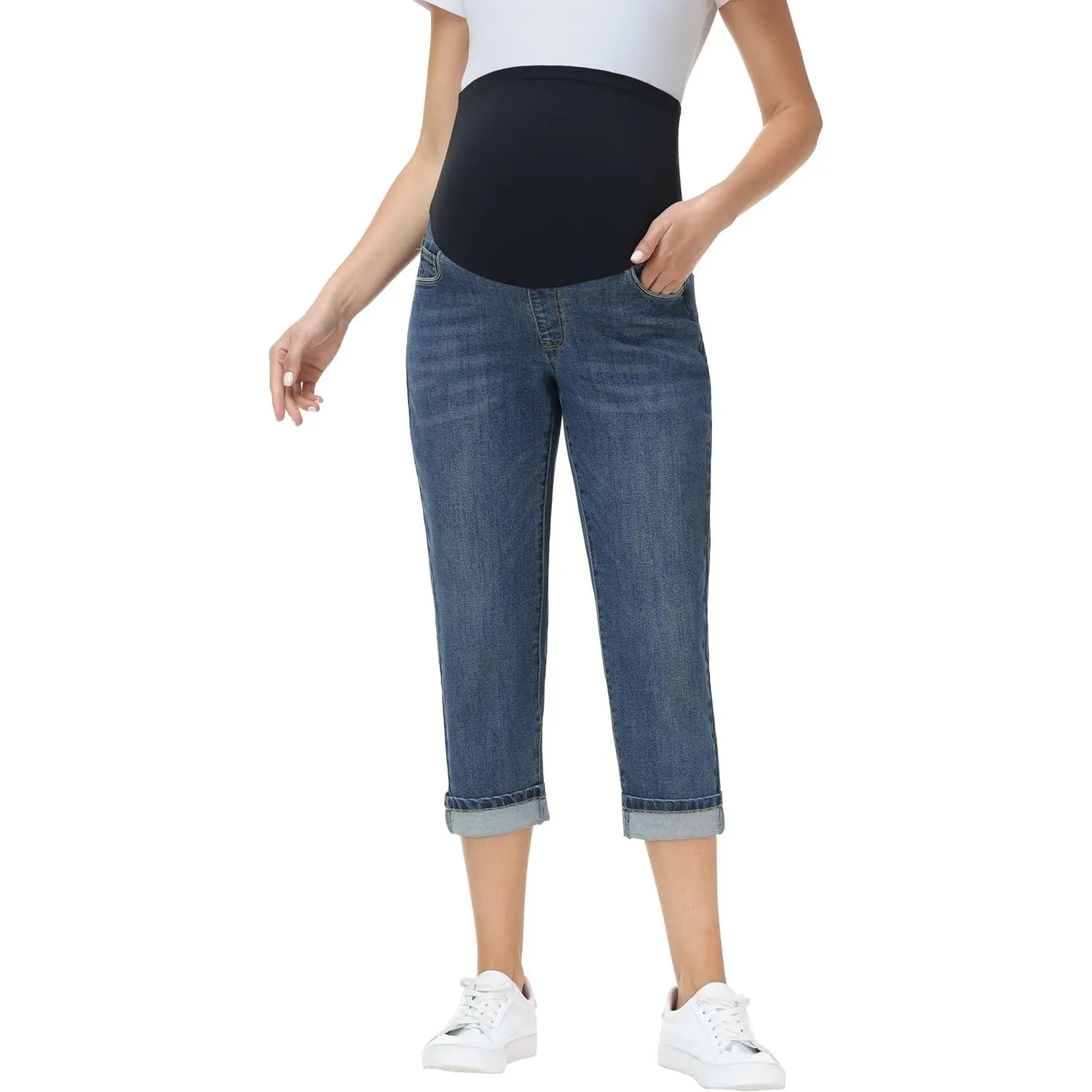 V VOCNI Women's Pull-On Maternity Over-Belly Cuffed Denim Capris - Casual Pregnancy Cropped Jeans with Pockets, All-Day Wear
