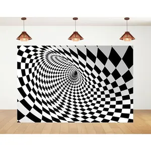 10x10ft Black White Swirl Checkered Backdrop Optical Vortex Photography Background for Art Studio Party Events Room Wall Decorations Tapestry Photo Booth Props