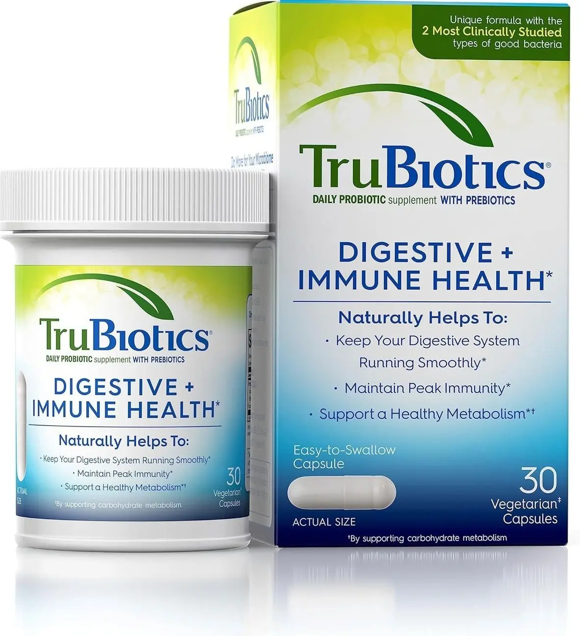 TruBiotics Probiotics for Digestive & Immune Health, Supports Regularity & Helps Relieve Abdominal Discomfort, Gas & Bloating, 2 Clinically Studied Probiotic Strains, Plus Prebiotics, 30 Capsules