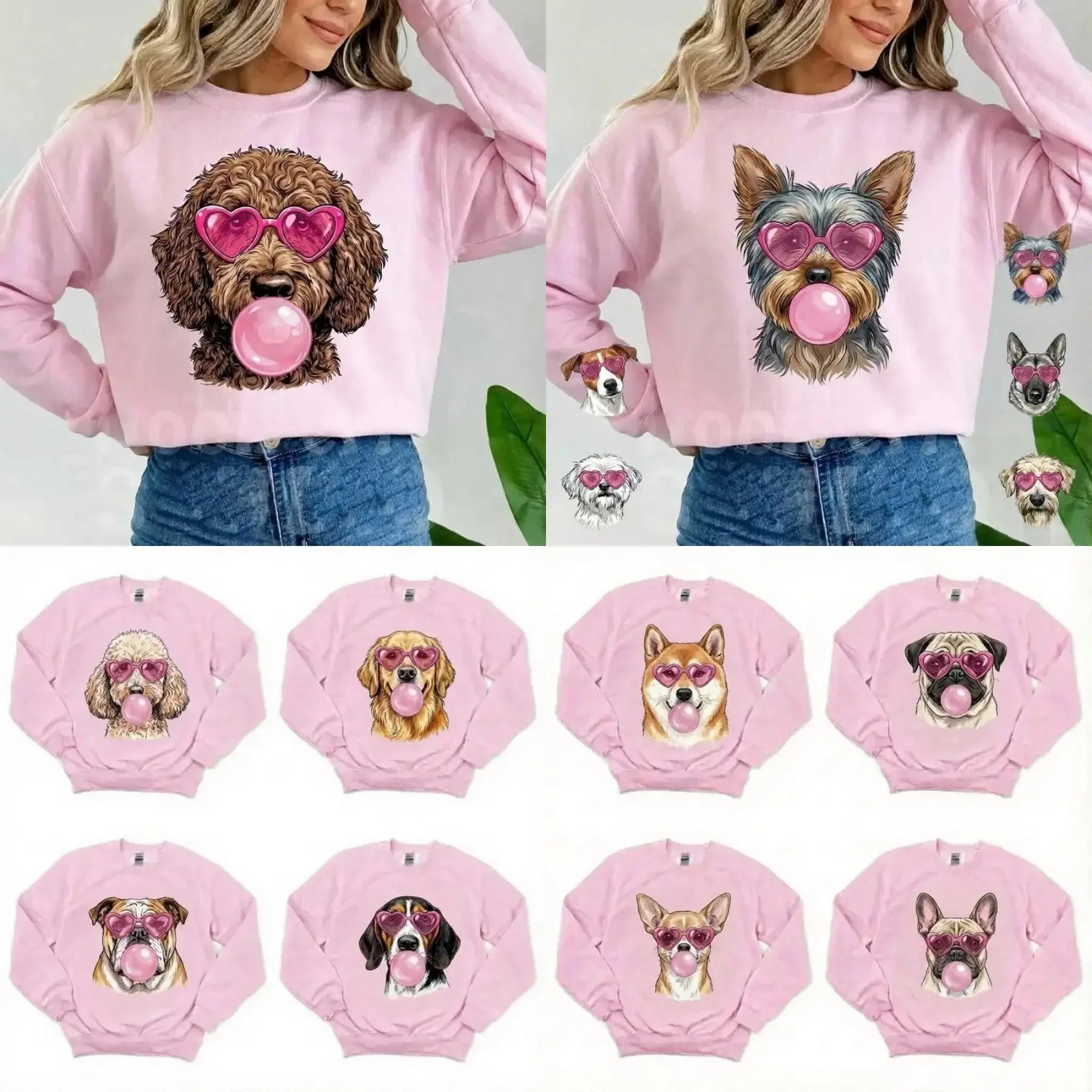 Cute Dog Breed Bubble Gum Graphic Crop Sweatshirt Pet Lover Top 100% Combed Cotton Soft Fleece Blend Cropped Relaxed Cut Pastel Pink Base Vibrant Pet Graphic Casual Hoodie Feminine Womenswear