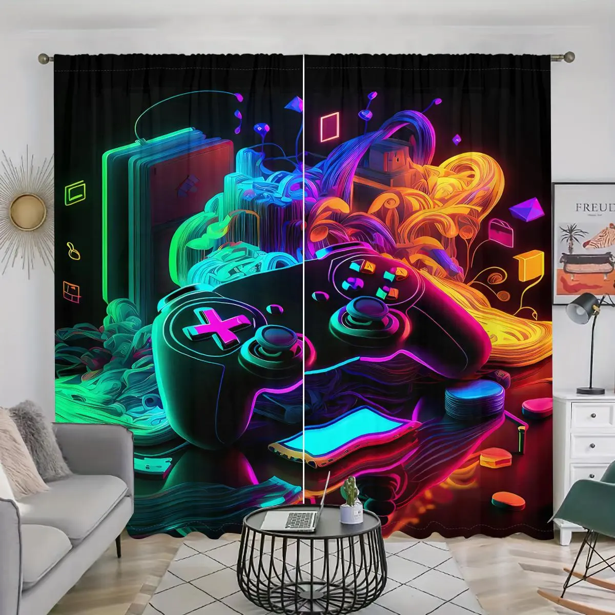 Game Controller Pattern Door Curtain, 2 Counts/set Colorful Game Controller Printed Filter Curtain, Easy To Install Pole Pockets, Room Decor Curtain, Home Decoration, Home Decorative Curtain