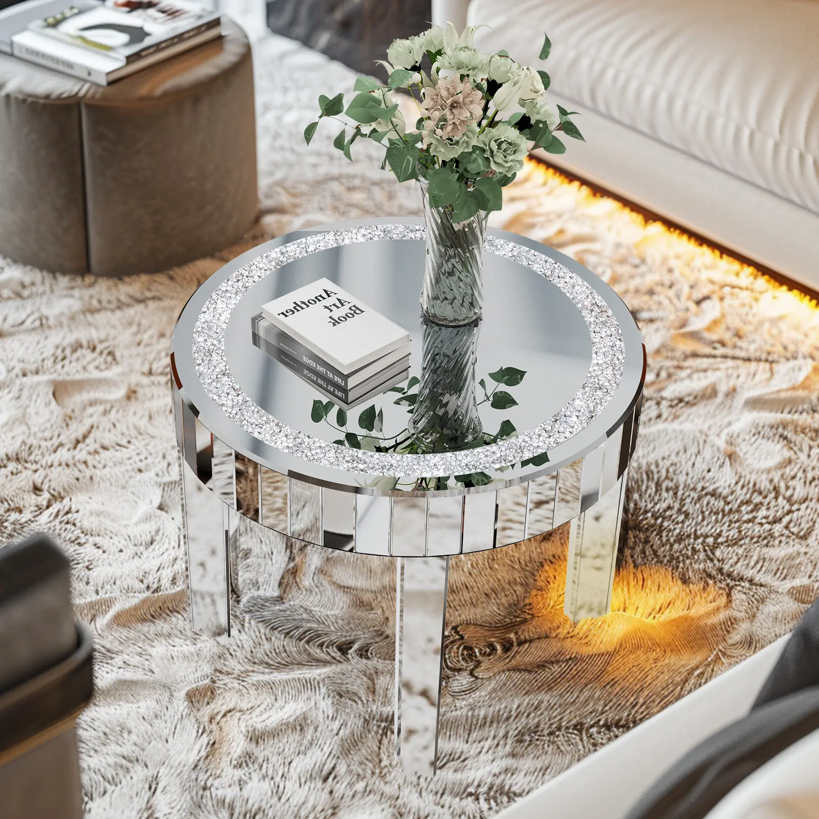 Luxury Silver Mirrored Coffee Table – Diamond Crystal Round Side End Table for Living Room