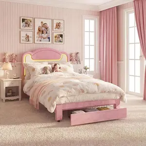 Twin/Full Size Upholstered Bed Frame with LED Lights, Fabric Headboard & Wood Slats, No Box Spring Needed, Pink/Blue Bed for Girls and Boys(With/No Drawer)