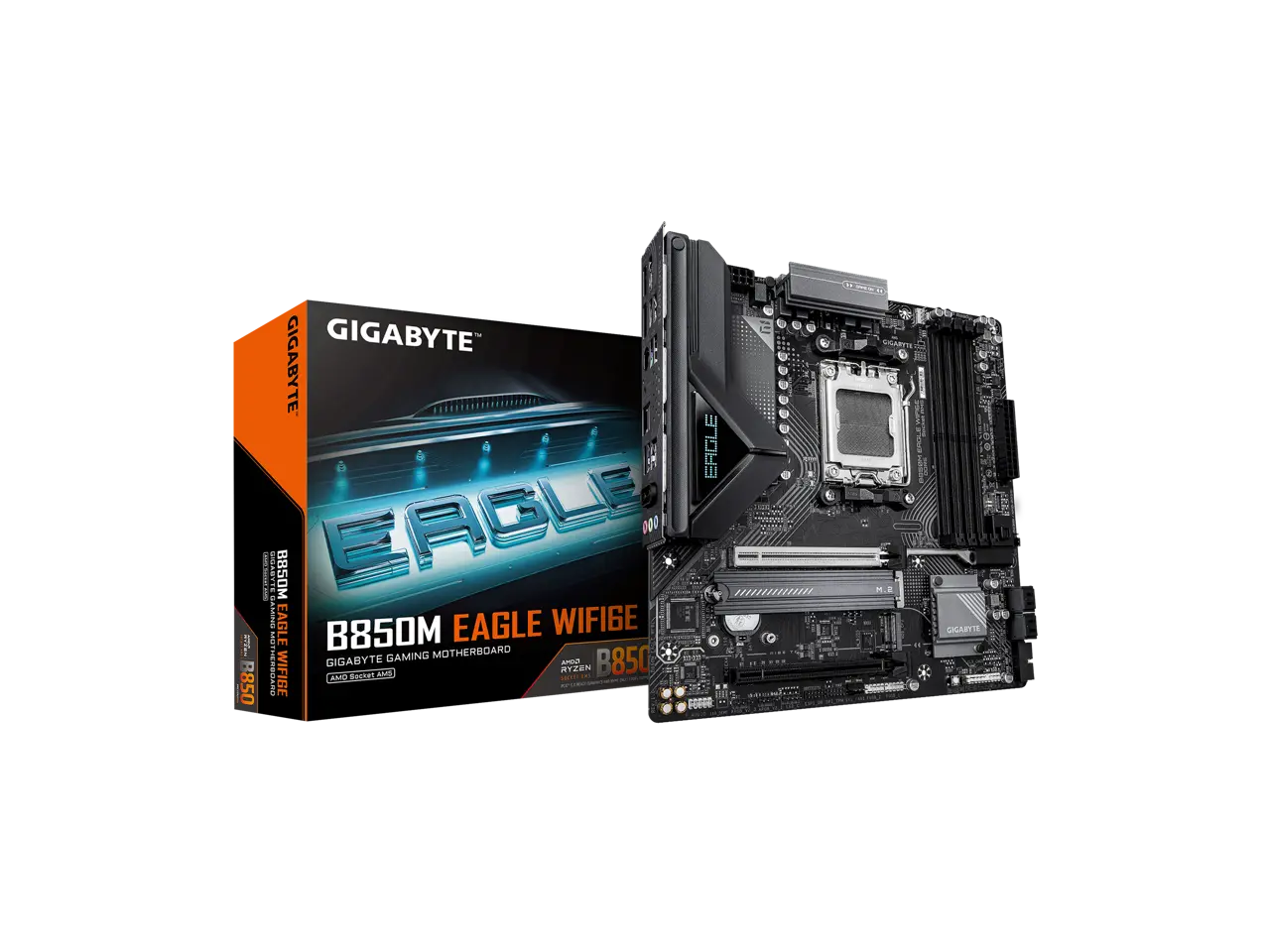 GIGABYTE B850M EAGLE WIFI6E AMD AM5 Motherboard, M-ATX, DDR5, 2x M.2, PCIe 5.0, USB-C, USB 3.2 Gen 2, WIFI6E, 2.5GbE LAN, EZ-Latch, Wi-Fi EZ-Plug