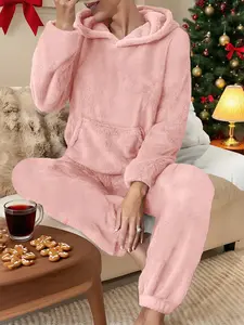 Women's Winter Warm Sweatshirt Set, Christmas Fleece Hoodie & Pants, Casual Long Sleeve Top, Thick Knit Home Wear