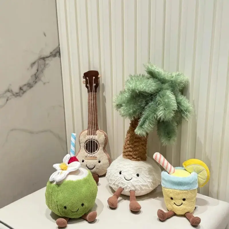 Kawaii Coral Coconut Lemon Shaped Soft Fabric Plush Doll - Unisex Soother Toy with Guitar, Ages 6+ Stress Relief, Birthday Gift Ideas, Bedroom Decor Companion