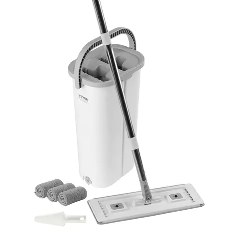【Fallpicks】VEVOR Narrow 7.2" Dual-Chamber Bucket Set with Wringer, Hardwood Floor Mop, Wet-Dry Flat Head, Stainless Steel Handle, 3 Washable Microfiber Pads, Top Cover Cleans, 30° Auto Rebound for Tile, Vinyl Floors