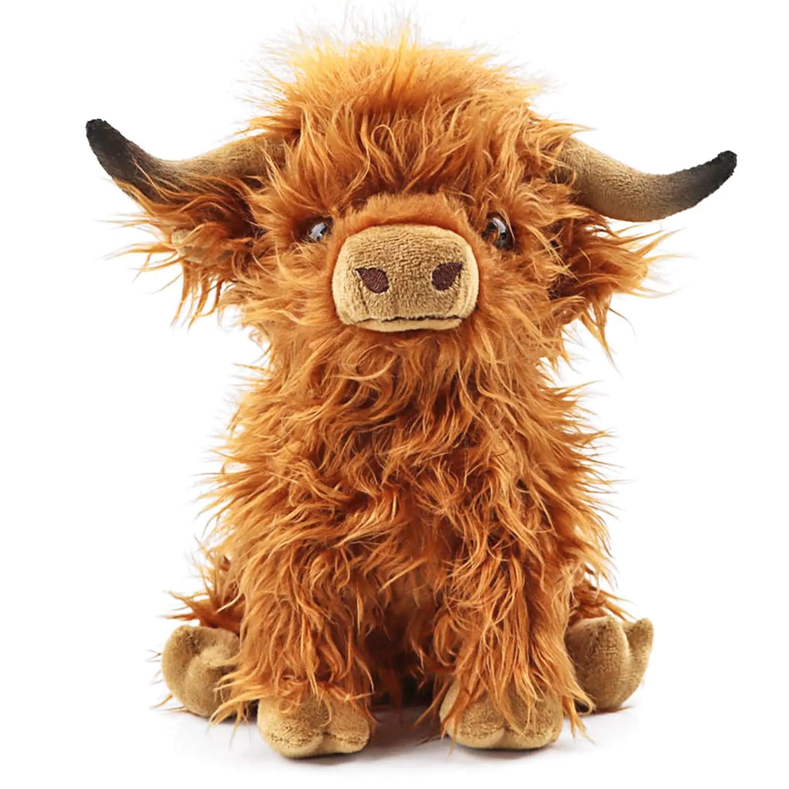 Highland Cow Stuffed Animal Realistic Scottish Cow Plush Toy Soft Farm Animal Cattle Plushie Doll Present for Adults Kids Boys Girls (Brown Cow, 10.8 Inch)