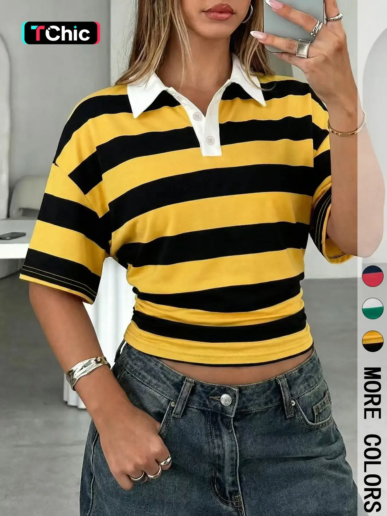 Striped Cropped Buttoned Polo Shirt, Short Sleeve Slim Waist Top for Women, Vintage 90s Chic Streetwear, Y2K Preppy Baddie Daily Casual Outfit, Striped Polo Shirts, Collared Polo