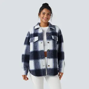 Halara Collar Long Sleeve Curved Hem Casual Shacket Sherpa Jacket with Pockets