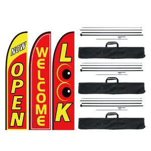 VEVOR Open Flags with Pole Kit,  Advertising Flags for Business Outside, Advertising Feather Flag Kit, 3 Flags (Open, Look, Welcome), 3 Poles, 3 Ground Stakes, Swooper Flags for Businesses 16.3 FT