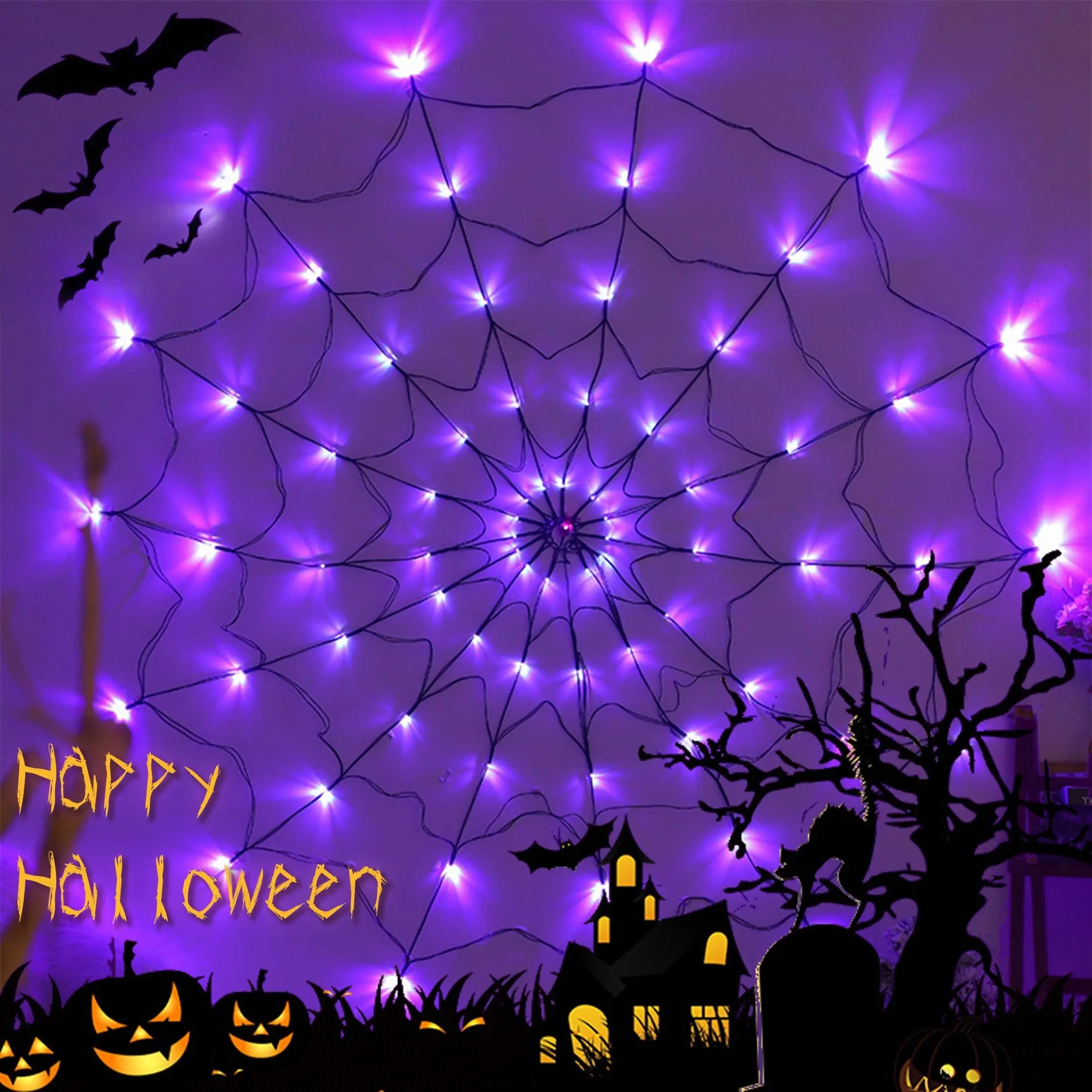 3.94FT Halloween Glowing Spider Web Light Decor String Lights, 70 LEDS USB Powered, 8 Modes, Party Decoration, Bedroom, Retro Haunted House