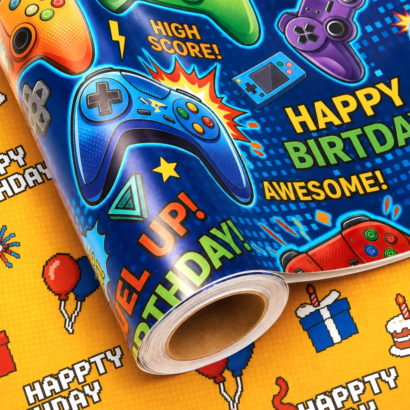 Lovryholix Heavy Duty Birthday Wrapping Paper Rolls - Reversible Sheets, Blue Side with Game Controllers, Orange Side, 28.5 sq ft, Gift Wrapping Supplies for Kids