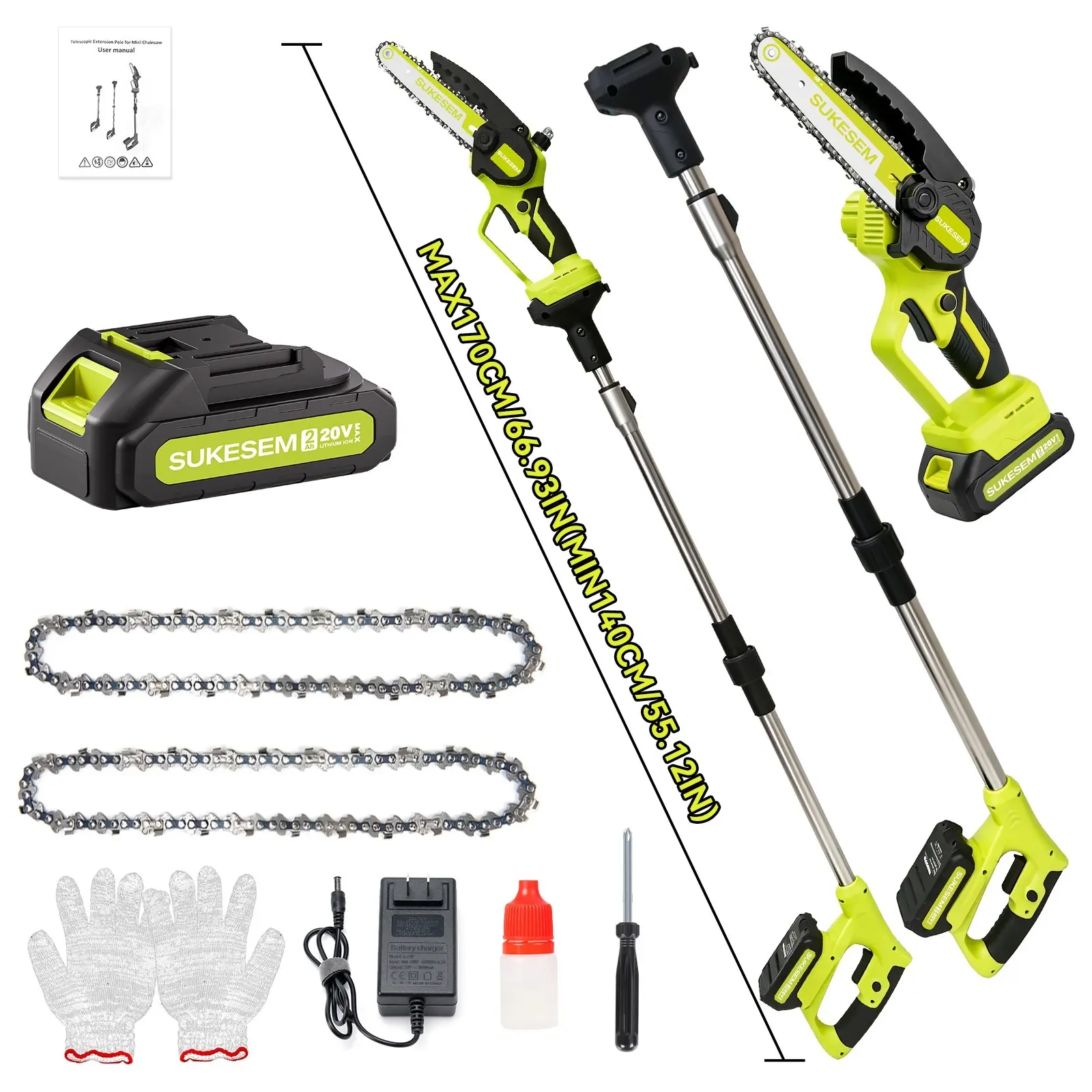 2-in-1 Cordless Pole Saw – 6” Brushless Mini Chainsaw + Extension Pole, Lightweight for Pruning High Tree Branches Without Ladder – Handheld Use