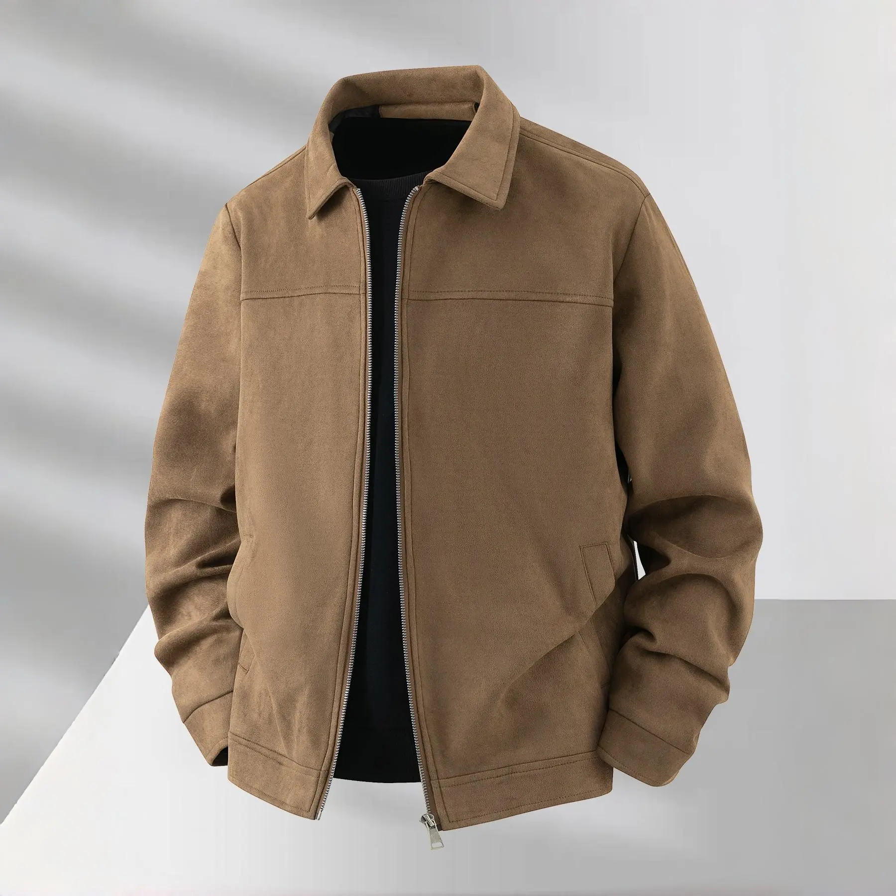 Men's Bomber Jacket in Faux Suede - Casual Long Sleeve Zip-Up Coat for Outdoor, Party & Work, Machine Washable, Coats, Zipper, Longsleeves, Chic, Minimalist, Knitting, Casual Chic, Basics
