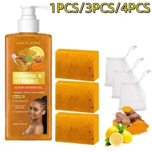 Turmeric Vitamin C Scrub Shower Gel and Lemon Turmeric Body Soap Set, Natural Cleansing, Moisturizing and Hydrating Formula for Soft Radiant Skin