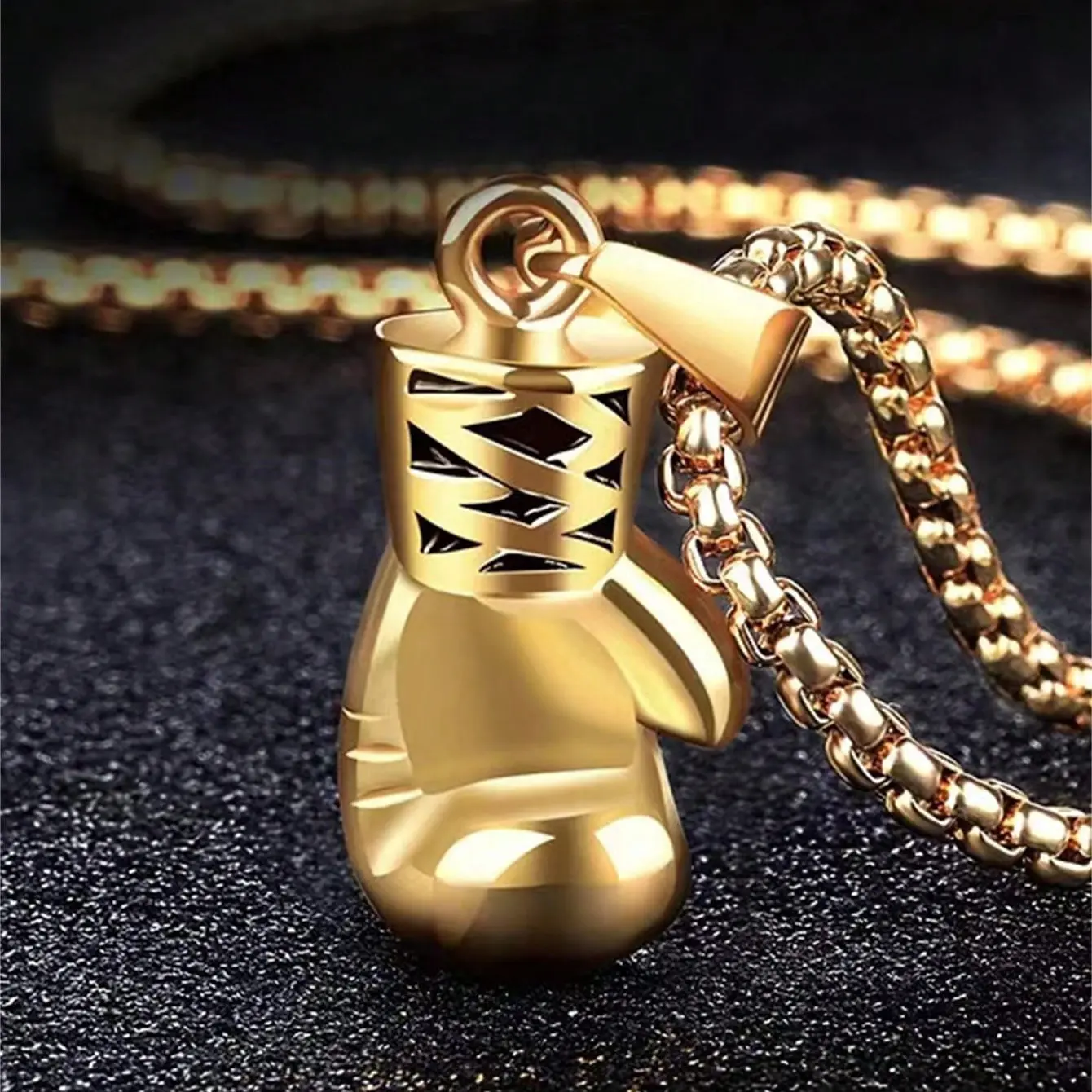 MaxBling81 Men's Boxing Glove Pendant Necklace - Casual Unisex Stainless Steel Jewelry, Polished Gold / Silver Finished Metal Coating, 24-Inch Rolo Chain, High Durability, Corrosion Resistance for Daily Wear