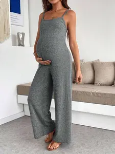 ELLIOTTWII Pregnant Women Solid Color Ribbed Casual Everyday Vacation Jumpsuit