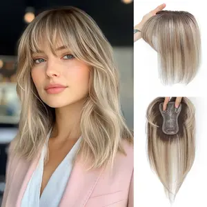 Clip In Human Hair Topper with Bangs 10 Inch, 3.15*4.4 Swiss Lace Base Glueless Hair Patch for Ladies Sparse Hair