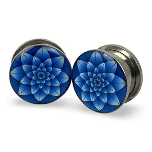 Blue Lotus Flower Picture Plugs gauges pair body jewelry