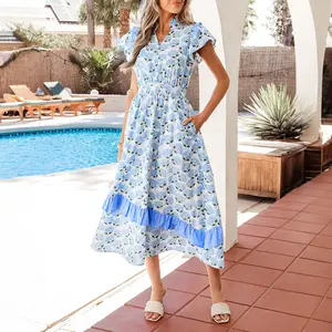 MULLVEIG Women's Blue Hydrangea Floral Ruffle Trim Flutter Sleeve V-Neck Waisted Tiered Maxi Dress Boho Casual Summer Vacation Sundress Fitted Womenswear
