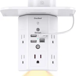Multi Plug Outlets, Wall Outlet Extender with Night Light and Outlet Shelf
