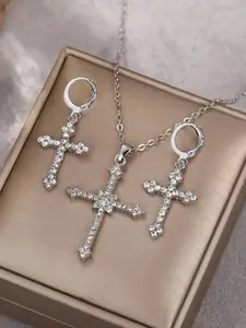 3pcs/set Women's Rhinestones Decorated Pendant Necklace & Dangle Earrings with Cross Design, Elegant Exquisite Jewelry Set For Party Decoration As Gift Without Box