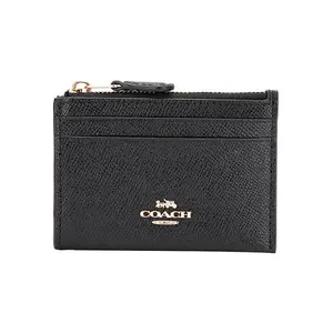 COACH Skinny 11 Logo Leather Mini Card Holder Keychain Wallet for Women in Black