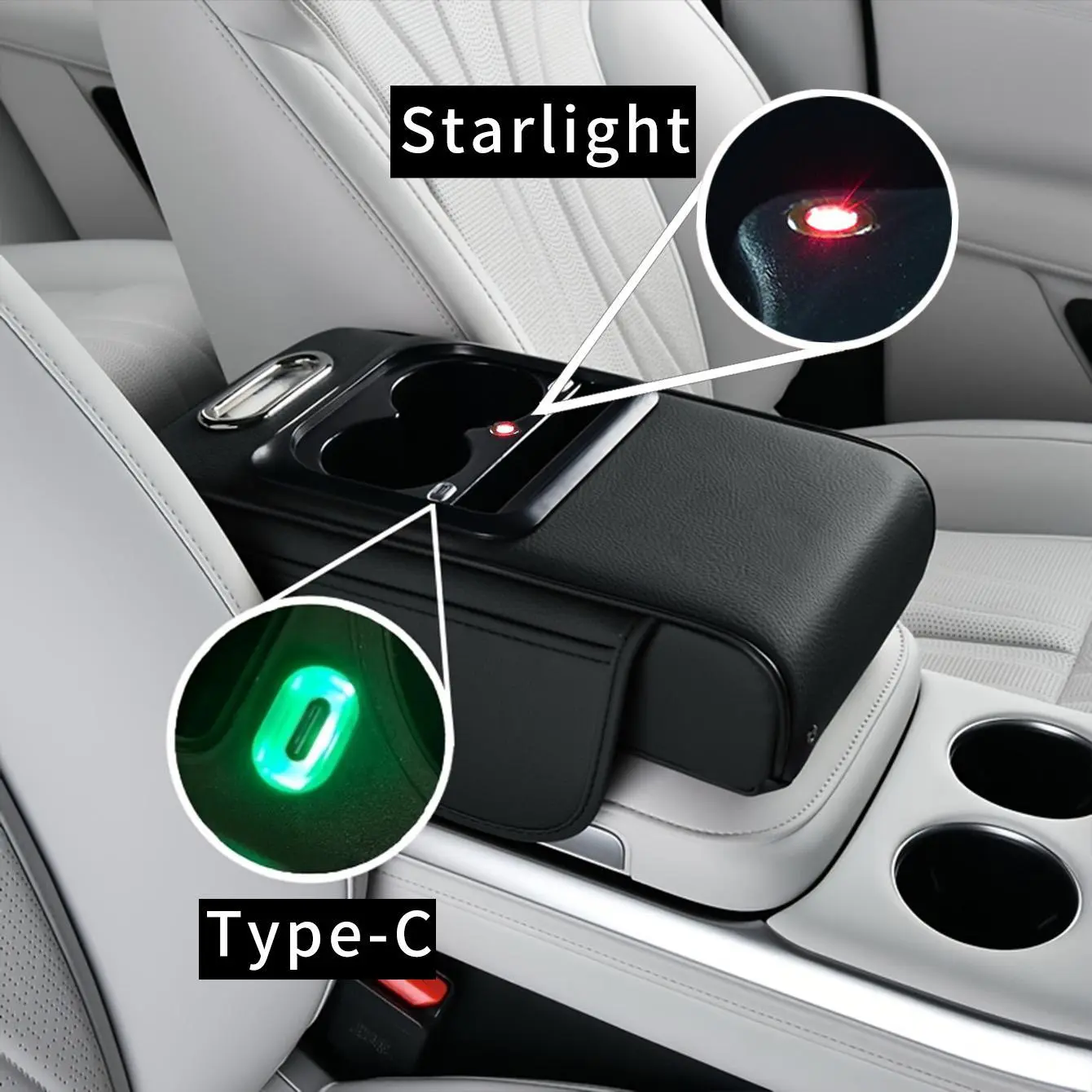 Modern Multi-Use Leather-Like Car Armrest Cover, Car Interior Stowing Organizer with Starlight Lamp, 2 Type-C Ports, Expandable Storage Box, Cup Holder, Phone Slot for Long Drives