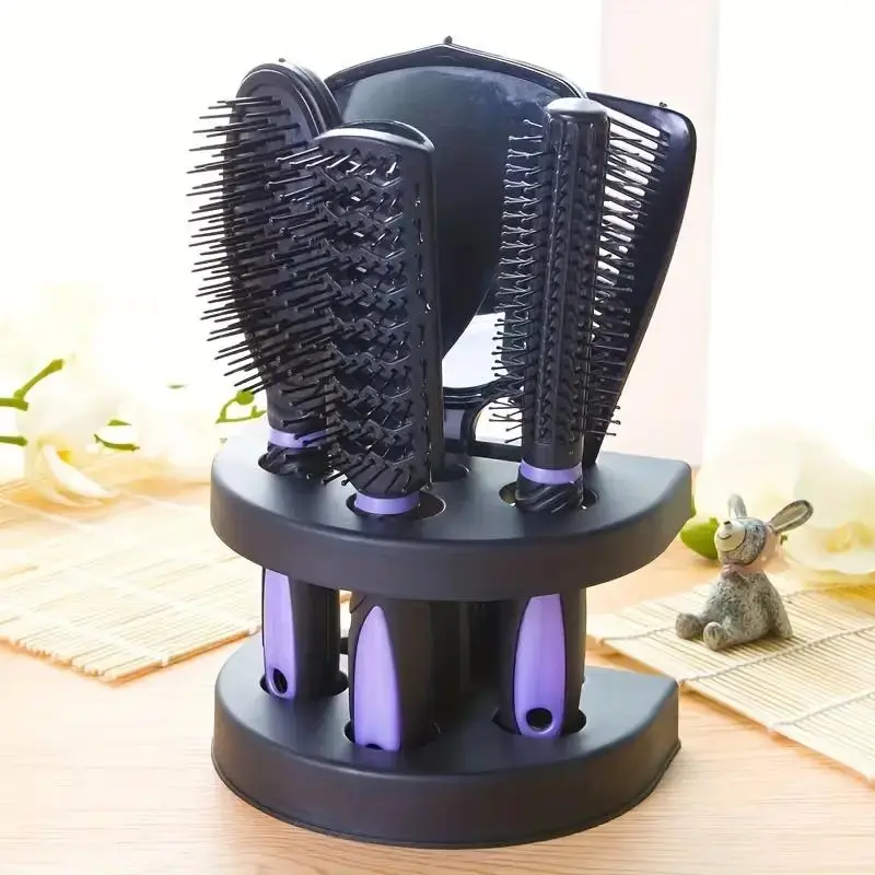 5-Piece Hair Comb & Brush Set with Mirror and Stand, Essential Hairdressing Tools for Heatless Styling and Detangling, Unisex Purple Salon Kit, Detangling Brush, Anti Tangle Brush