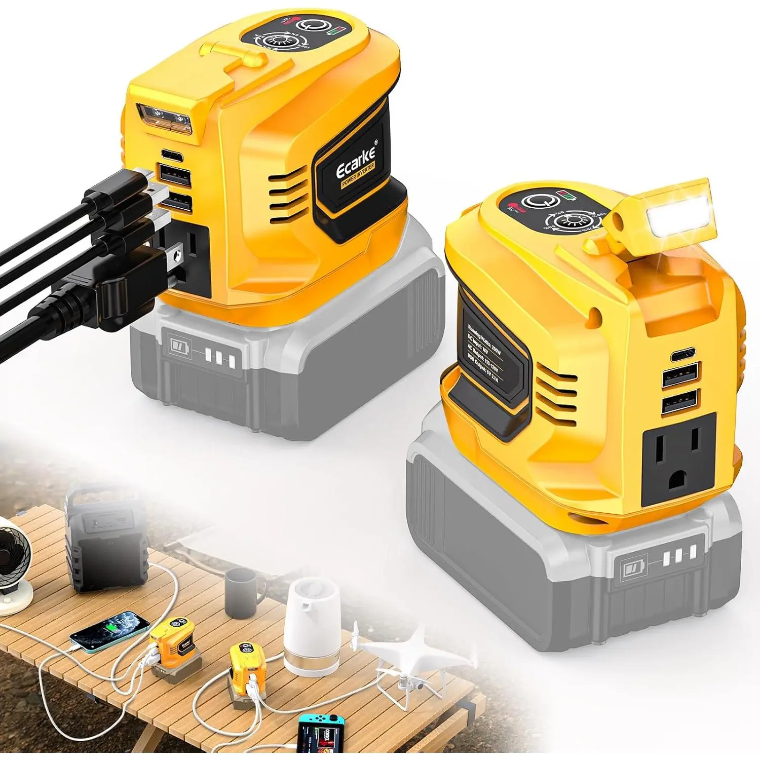 Ecarke 2-Pack 200W Portable Battery Inverter System - 20V DC Power Supply, Outdoor Emergency Device with 2 USB Ports, LED Lights, AC Outlet, Low Voltage Protection Board