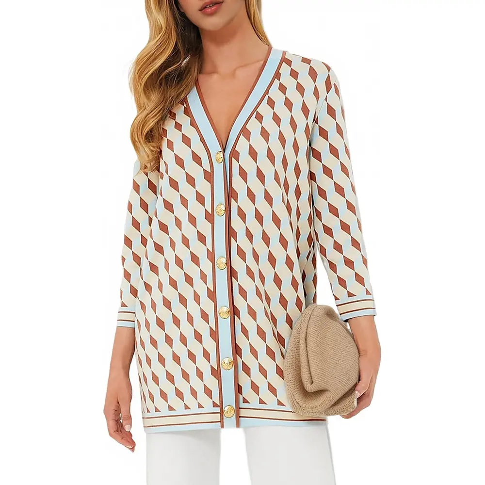 Kedera Women's Elegant Geometric Checkered Cardigan - Lightweight Oversized Boxy Open-Front Stretchy Nylon Knit Top, Long Sleeve, Gold Buttons, 1-Piece Matching Outfit Compatible Piece