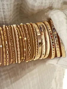 Women's Handmade Stackable Bracelet Set, Stacking Bracelet, Geometric Heart Lock Chain Design, Round Beads Sun Face Embossed Texture, Metal Feel, Perfect Gift