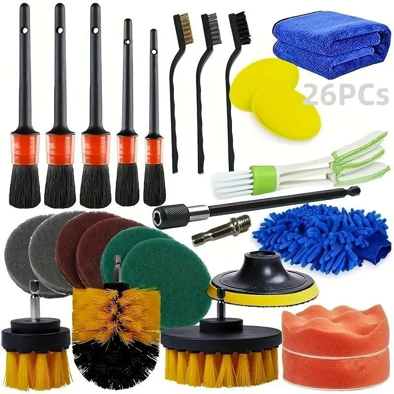 Car interior cleaning brush set, car interior cleaning set, car drilling brush / wheel hub brush / ventilation port brush / polishing sponge pad set / cleaning cloth, Car Detailing Tools, Car Detailing Accessories, Car cleaning supplies, Car Cleaning Kits