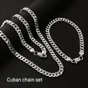 2pcs/set Luxury 925 silver-plated 7mm Cuban Necklace set, Unisex Engagement Accessories Jewelry 50-60cm Festive Christmas couples gift High-qualitysouvenir (Comes with a beautifully packaged bag)
