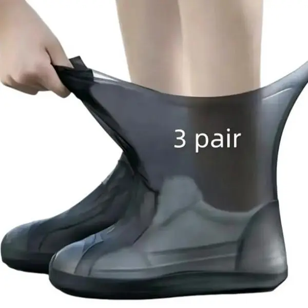 Unisex 3 Pairs Full-Cover Waterproof Non-Slip Cycling Shoe Covers - Thick Latex, Snug Wrap, Durable, Portable, 1 Size - Outdoor Sports Gear for Commuting, Rain Protection, Essential for Bike Riders, Black（3 Pairs）