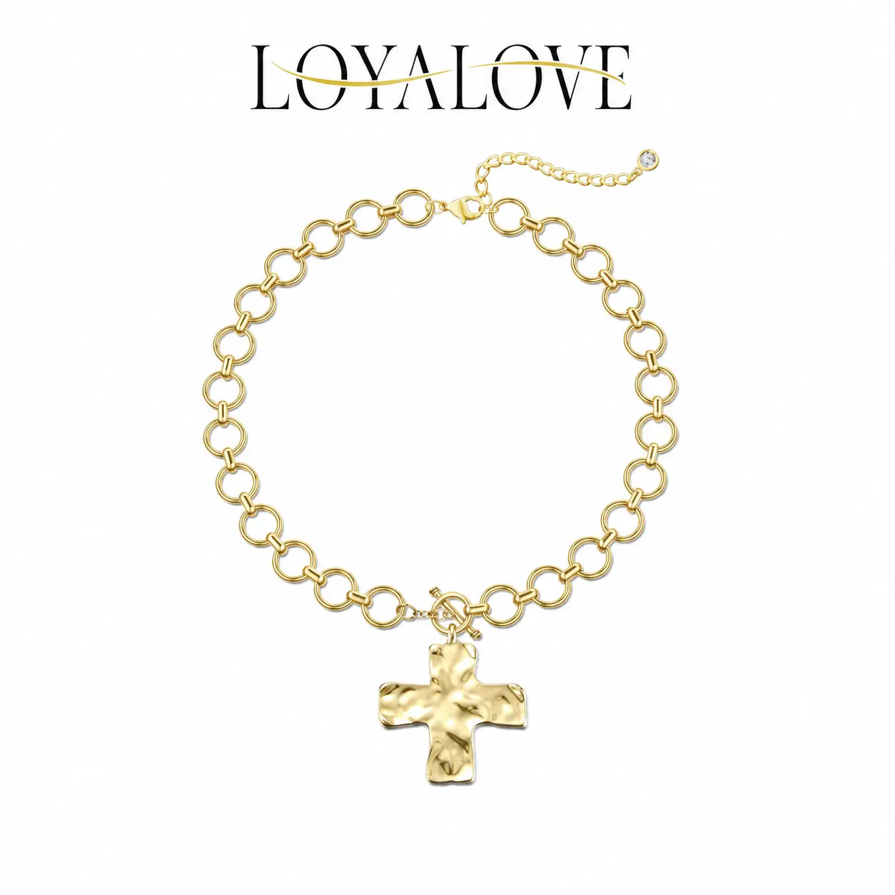 LOYALOVE 14K Gold Plated Chunky Cross Necklace for Women, Round Link Chain Toggle Necklace with Hammered Cross Pendant, Trendy Y2K Statement Faith Jewelry Gift