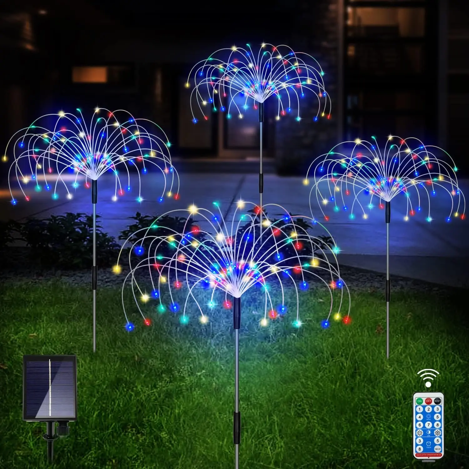 4 /8Pack 120/240 LED Outdoor Solar Garden Lights,  Copper Wire Waterproof Garden Fireworks Lamp with Remote, 8 Modes Decorative Sparkles Stake Landscape Light for Pathway Lawn Decor (Colorful)