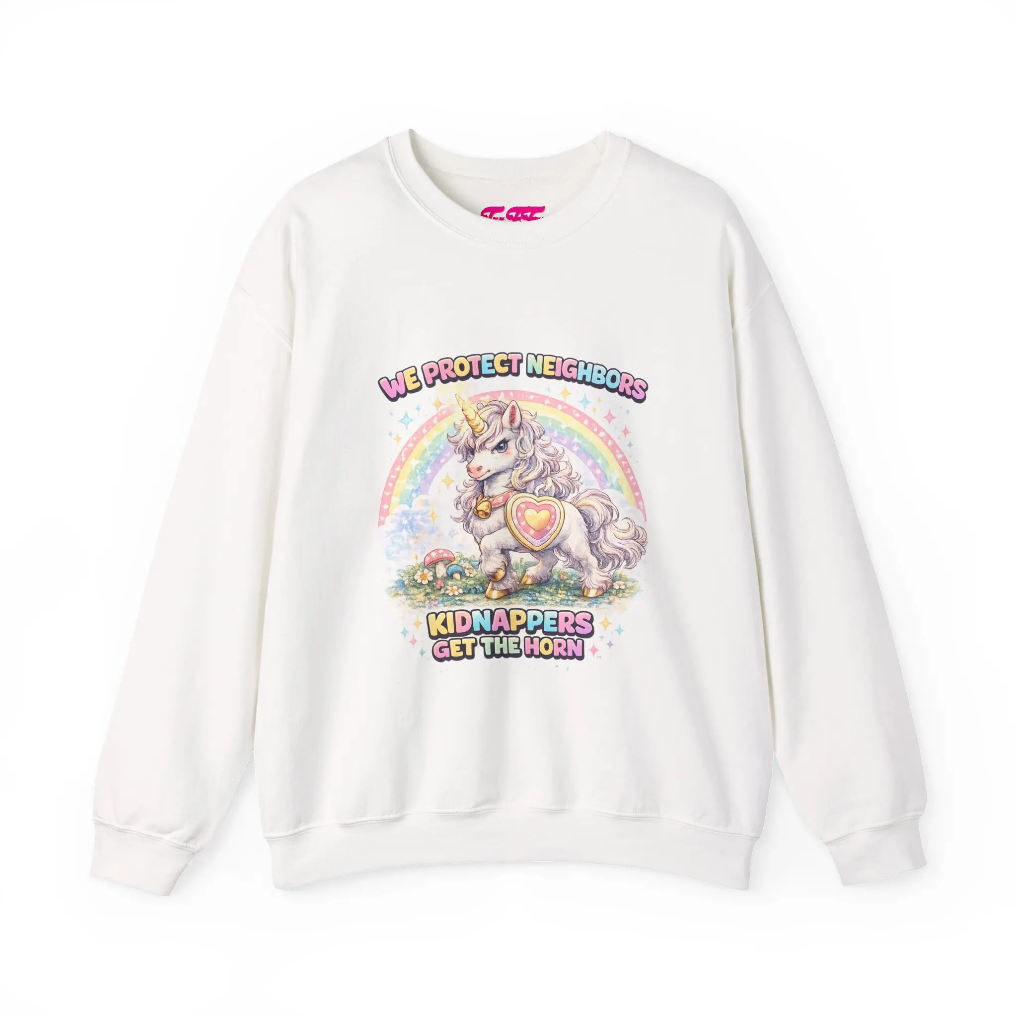 We Protect Neighbors unicorn sweatshirt | Kidnappers Get The Horn crewneck