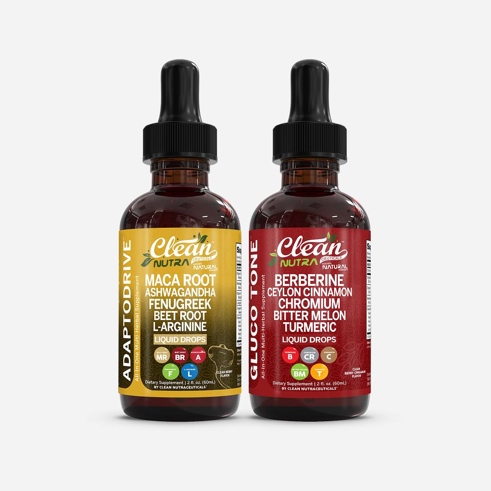 Clean Nutra Metabo Boost Supplement Bundle | Gluten-Free, Dairy-Free, Soy-Free, Supports Energy & Blood Sugar Balance Liquid Drops [AdaptoDrive + Gluco Gone]