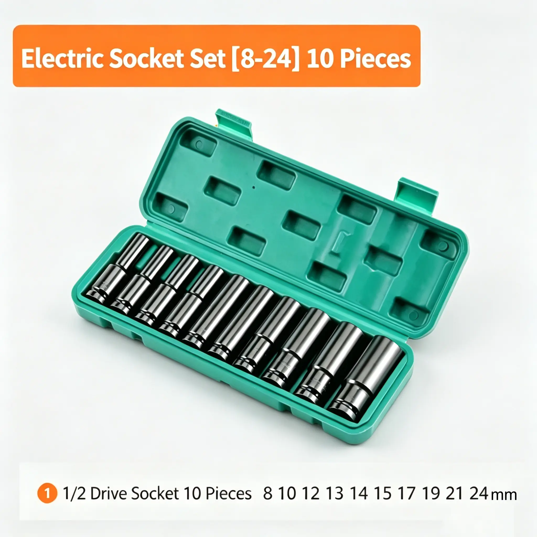 Heavy Duty Deep Impact Socket Set 10 Sizes 8-24mm 1/2 Drive, Metric Long Sockets for Impact Gun Wheel Nut Removal, Professional Garage Automotive Repair Tool Kit with Organizer Case