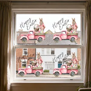 A set (30*30cm*4pcs) of Easter pink truck, Easter egg, and rabbit window stickers - static cling glass stickers for decorating and beautifying holiday home windows, shop windows, and glass surfaces. D10024*4