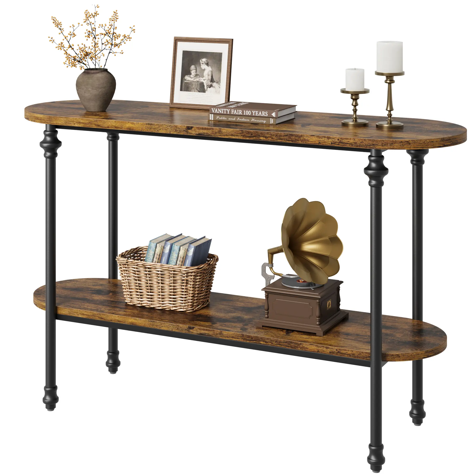 43.3" Console Table with Storage, 2 Tier Sofa Table with Metal Frame and MDF, Behind Couch Table for Living Room, Hallway, Entryway