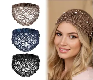 3pcs Boho-Chic Crystal & Pearl Embellished Wide Headbands, Wide Boho Pearl Headband for Wome, Floral Beaded Lace Elastic Headband Suitable for Daily Wear and Weddings Stylingvarious Holidays