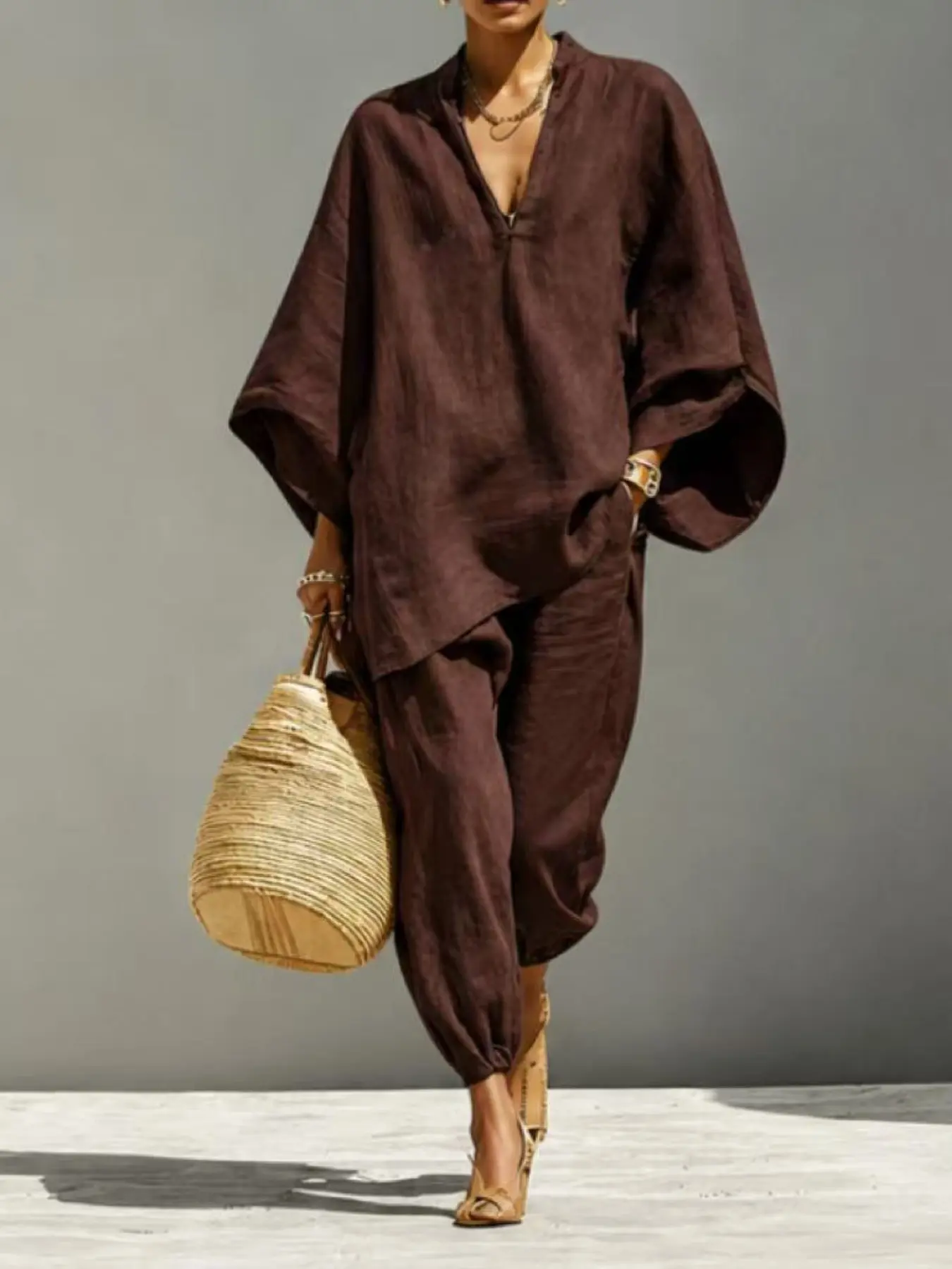 Women's Summer Loose Fit Baggy Solid Color Deep V Neck Batwing Sleeve Pants Set, Casual Elegant Long Length, Comfortable Daily Wear, Multiple Colors Available