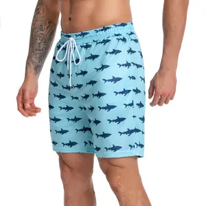 JUNBAOSS Men's Light Blue Shark Print Swim Trunks Quick Dry Beach Shorts Casual Summer Board Shorts for Swimming Surfing Bathing Suits